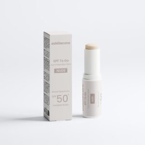 SPF 50+ mineral sunscreen stick with nude tint, providing natural-looking coverage and broad-spectrum UVA/UVB protection. Enriched with rice oil, sunflower seed oil, and jojoba oil for all skin types, including sensitive skin.