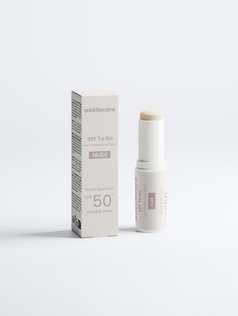 SPF 50+ mineral sunscreen stick with nude tint, providing natural-looking coverage and broad-spectrum UVA/UVB protection. Enriched with rice oil, sunflower seed oil, and jojoba oil for all skin types, including sensitive skin.